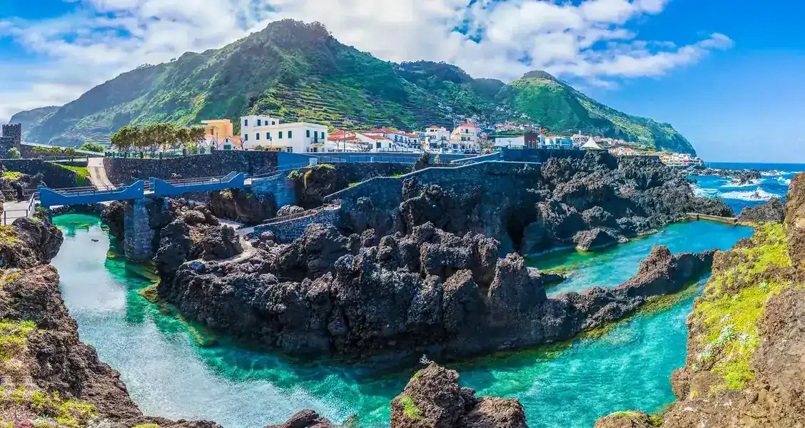 Portugal street scene with colorful buildings and tram